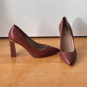 Genuine leather Sophisticated Brown Block Heel Pumps with gold detail